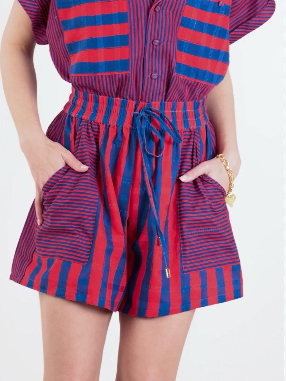Striped Red & Blue Drawstring Women’s Bermuda Shorts